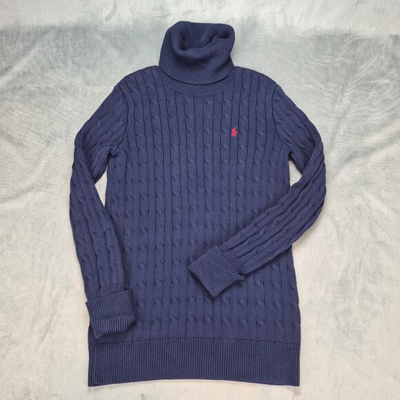 Ralph Lauren Sport Navy Cable Knit Women's Turtleneck Sweater Dress Red Pony L - Picture 1 of 7